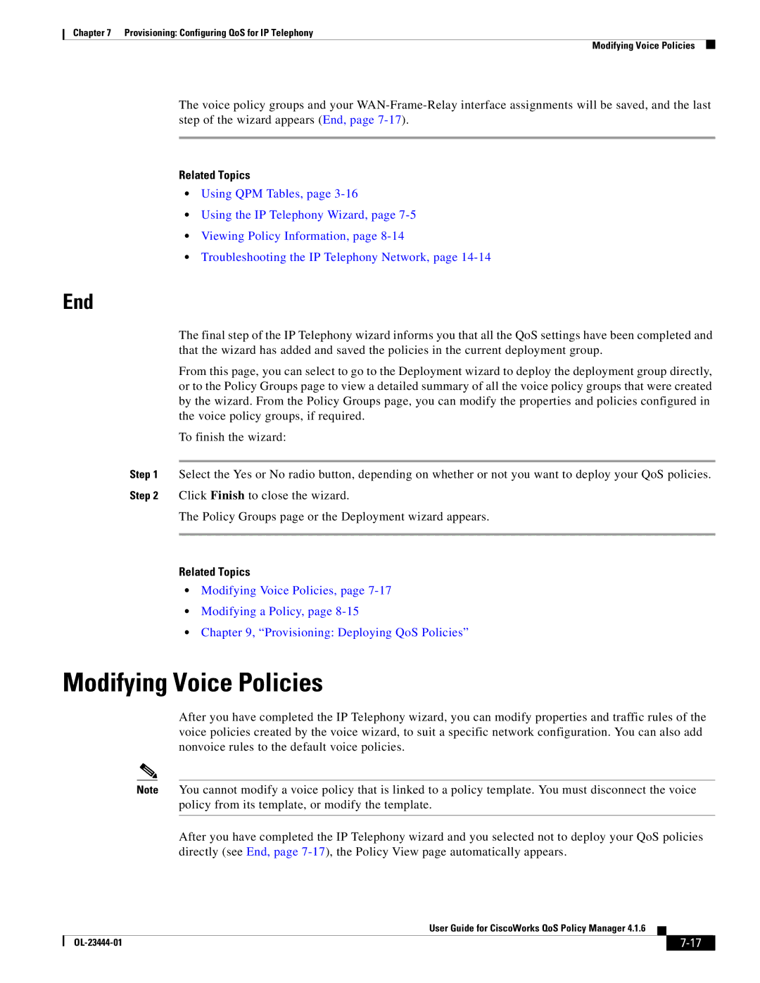 Cisco Systems 416 manual Modifying Voice Policies, End 