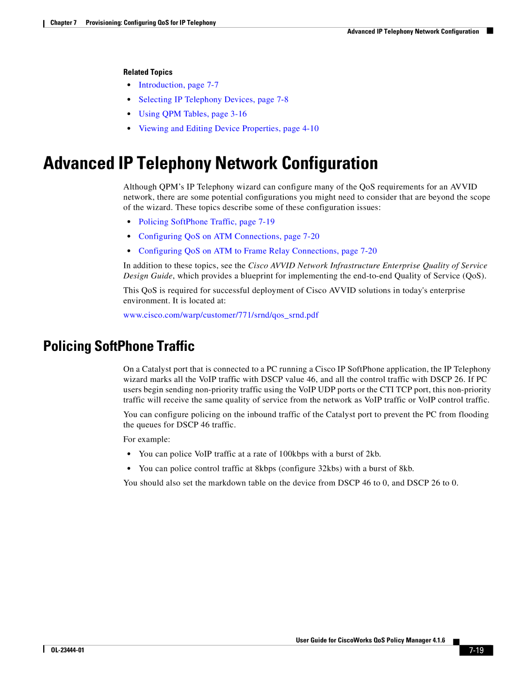 Cisco Systems 416 manual Advanced IP Telephony Network Configuration, Policing SoftPhone Traffic 