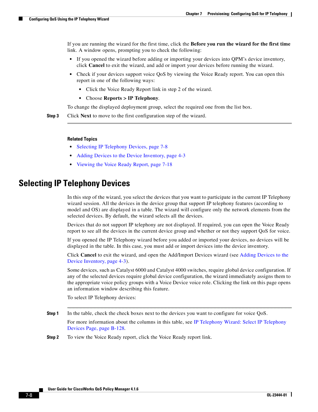 Cisco Systems 416 manual Selecting IP Telephony Devices, Choose Reports IP Telephony 