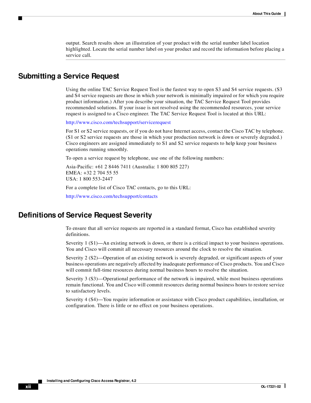 Cisco Systems 4.2 manual Submitting a Service Request, Definitions of Service Request Severity 