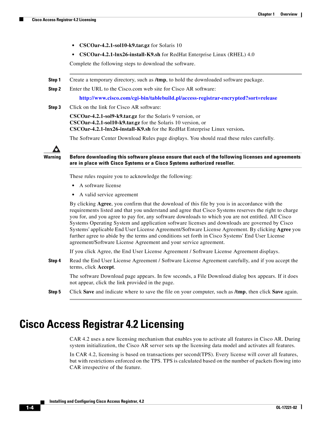 Cisco Systems manual Cisco Access Registrar 4.2 Licensing, CSCOar-4.2.1-sol10-k9.tar.gz for Solaris 