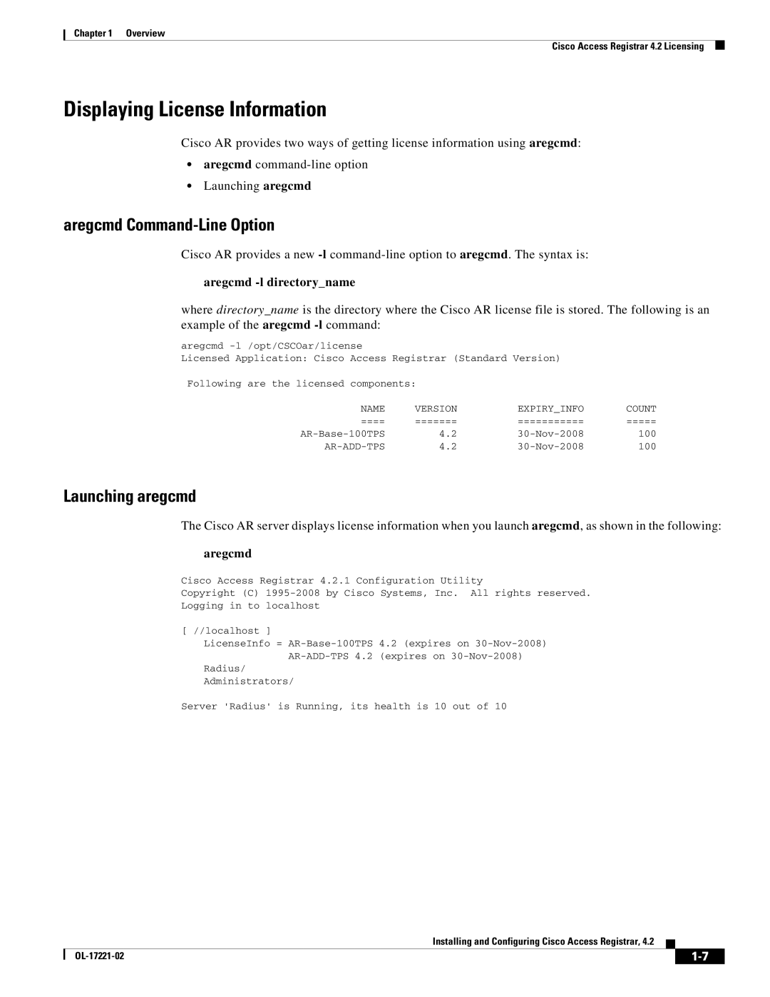 Cisco Systems 4.2 Displaying License Information, Aregcmd Command-Line Option, Launching aregcmd, Aregcmd -l directoryname 