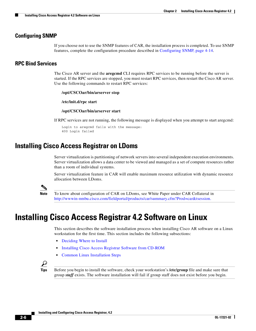 Cisco Systems manual Installing Cisco Access Registrar 4.2 Software on Linux, Installing Cisco Access Registrar on LDoms 