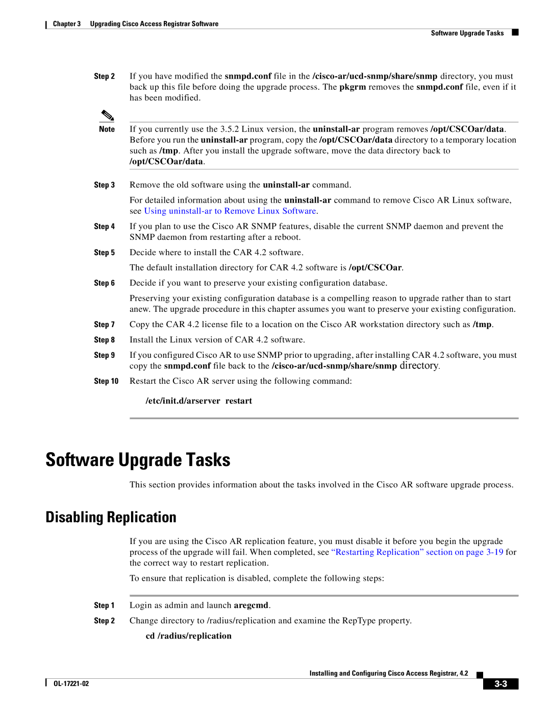 Cisco Systems 4.2 manual Software Upgrade Tasks, Disabling Replication, Cd /radius/replication 