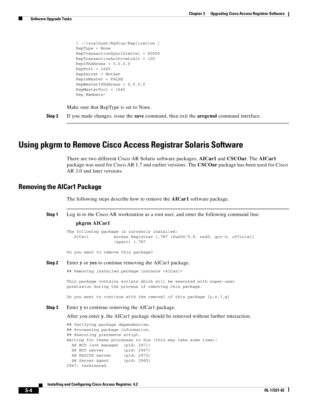 Cisco Systems 4.2 manual Removing the AICar1 Package, Pkgrm AICar1, Enter y or yes to continue removing the AICar1 package 