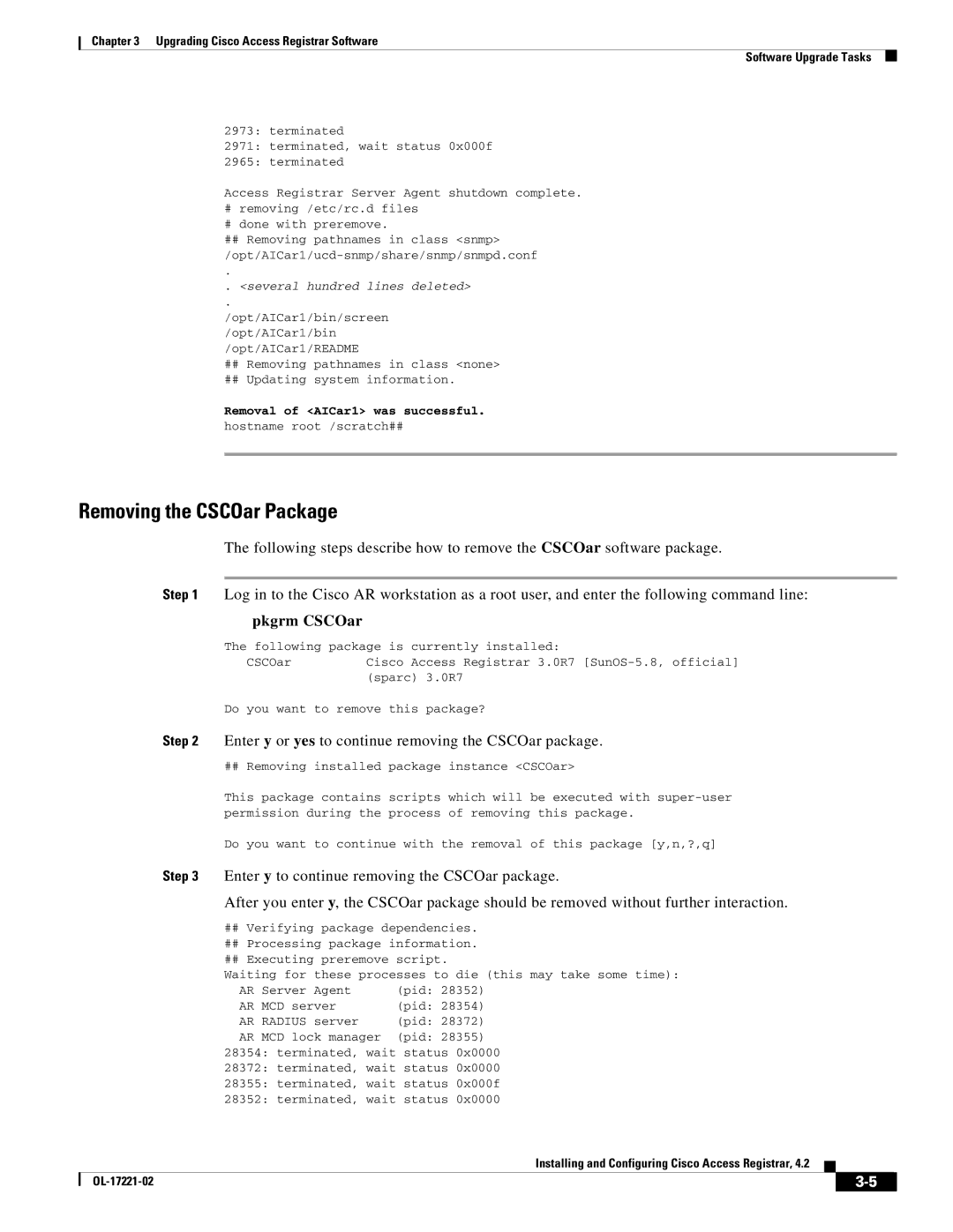 Cisco Systems 4.2 manual Removing the CSCOar Package, Pkgrm CSCOar, Enter y or yes to continue removing the CSCOar package 