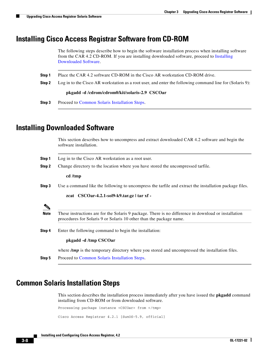 Cisco Systems manual Installing Cisco Access Registrar Software from CD-ROM, Zcat CSCOar-4.2.1-sol9-k9.tar.gz tar xf 