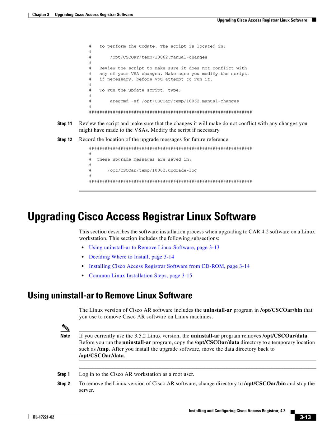 Cisco Systems 4.2 manual Upgrading Cisco Access Registrar Linux Software, Opt/CSCOar/data, Server 