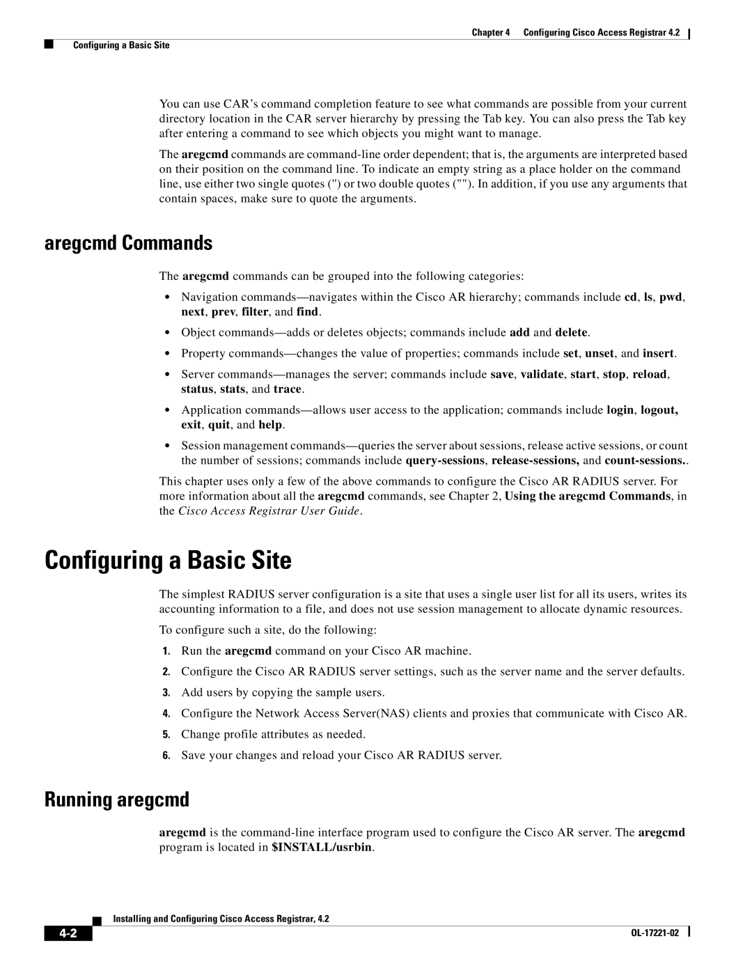 Cisco Systems 4.2 manual Configuring a Basic Site, Aregcmd Commands, Running aregcmd 