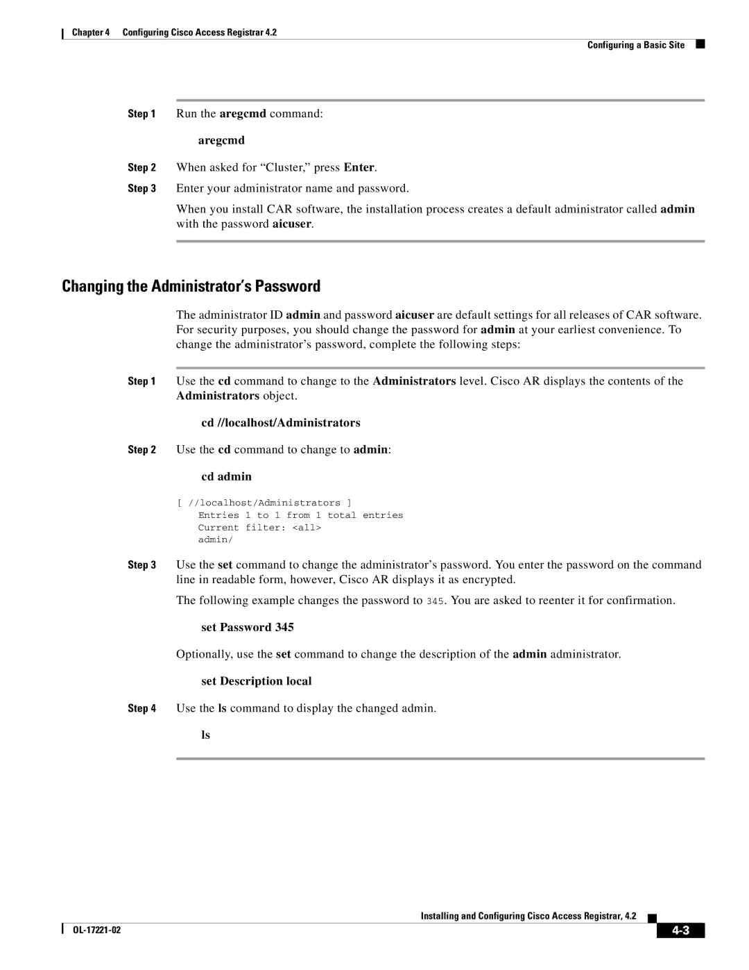 Cisco Systems 4.2 manual Changing the Administrator’s Password, Cd //localhost/Administrators, Cd admin, Set Password 