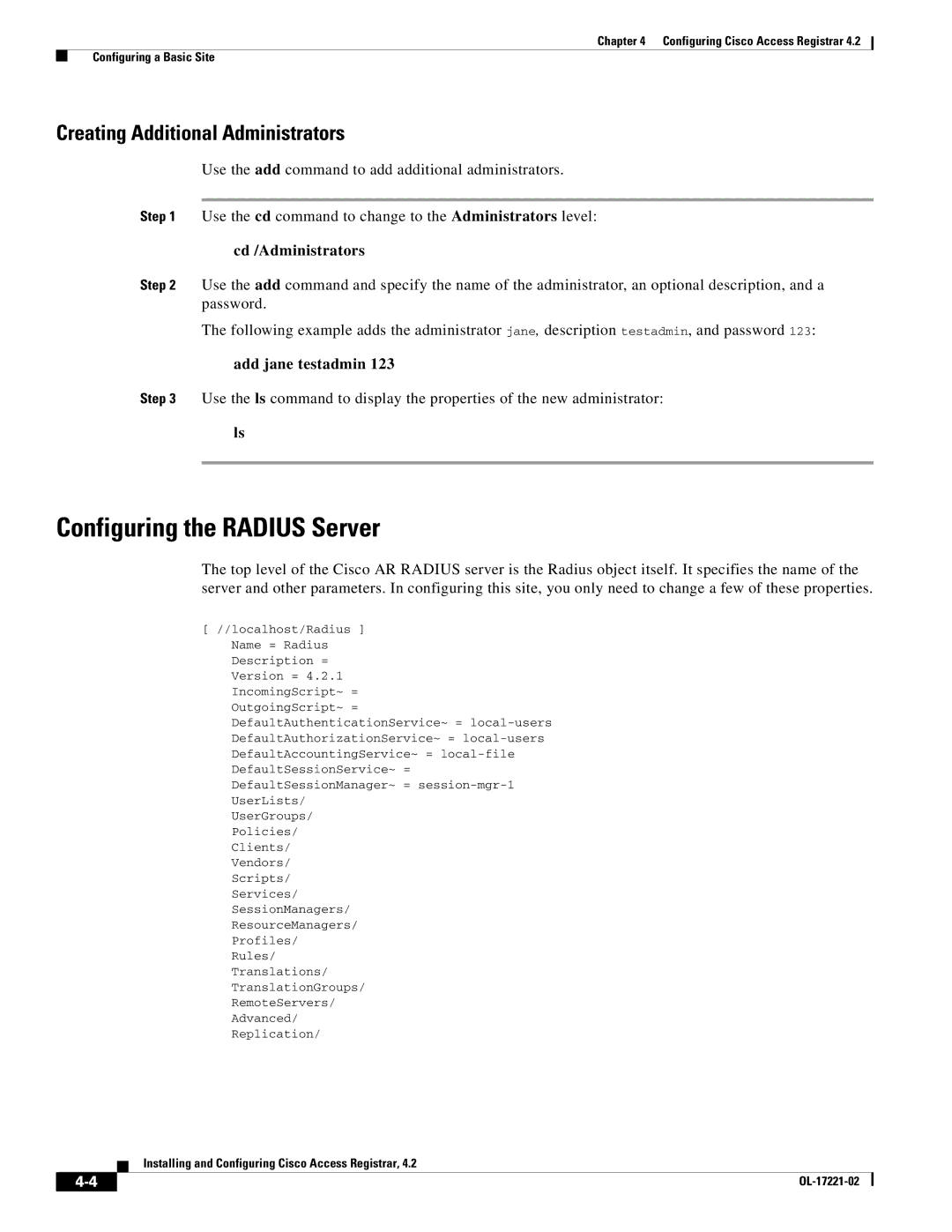 Cisco Systems 4.2 manual Configuring the Radius Server, Creating Additional Administrators, Cd /Administrators 