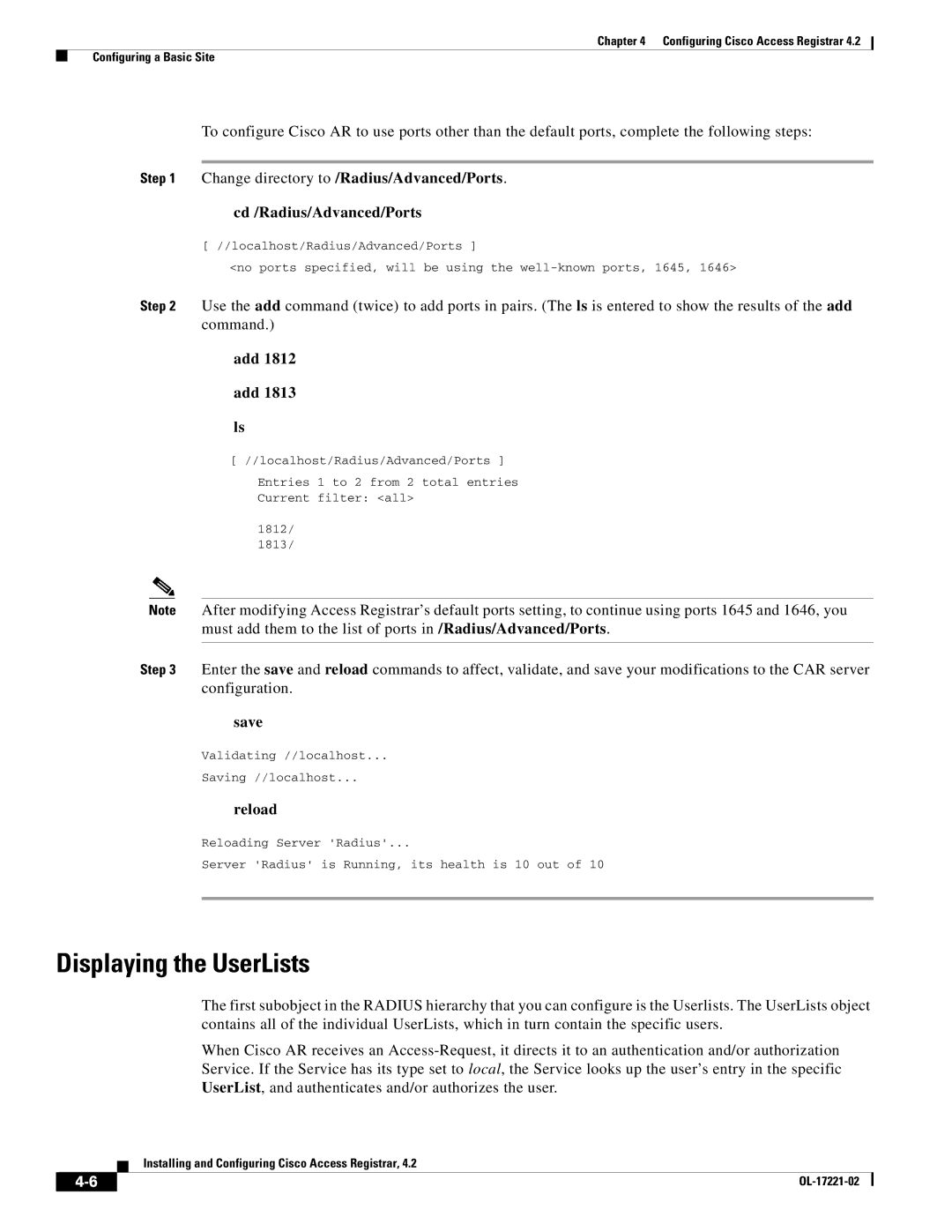 Cisco Systems 4.2 manual Displaying the UserLists, Add, Save, Reload 