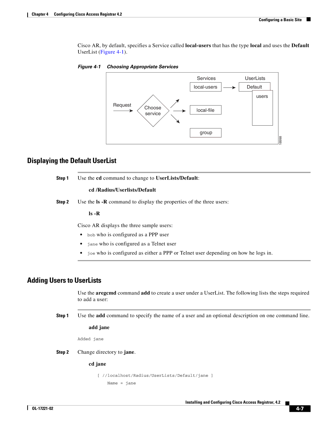 Cisco Systems 4.2 manual Displaying the Default UserList, Adding Users to UserLists, Ls -R, Add jane, Cd jane 