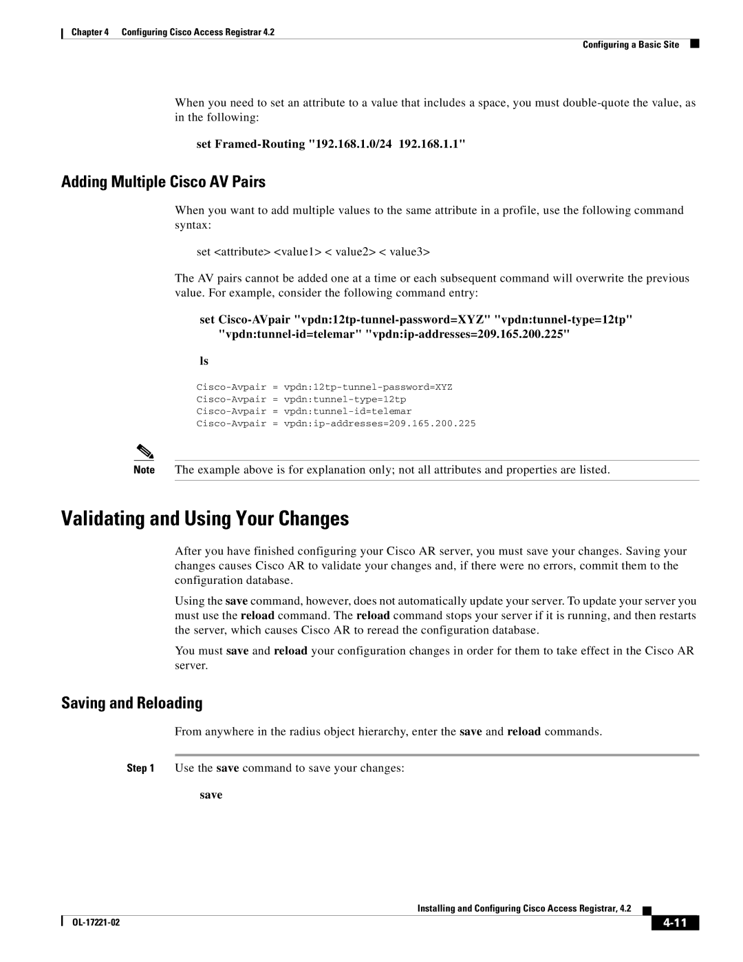 Cisco Systems 4.2 manual Validating and Using Your Changes, Adding Multiple Cisco AV Pairs, Saving and Reloading 