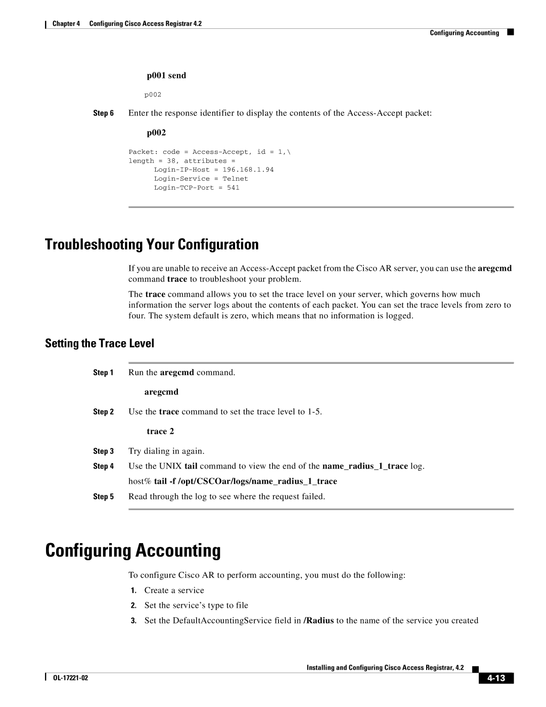 Cisco Systems 4.2 Configuring Accounting, Troubleshooting Your Configuration, Setting the Trace Level, P001 send, P002 