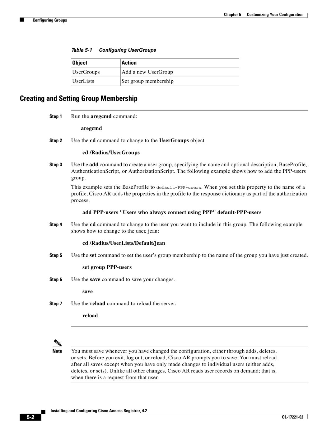 Cisco Systems 4.2 manual Creating and Setting Group Membership, Cd /Radius/UserGroups, Cd /Radius/UserLists/Default/jean 