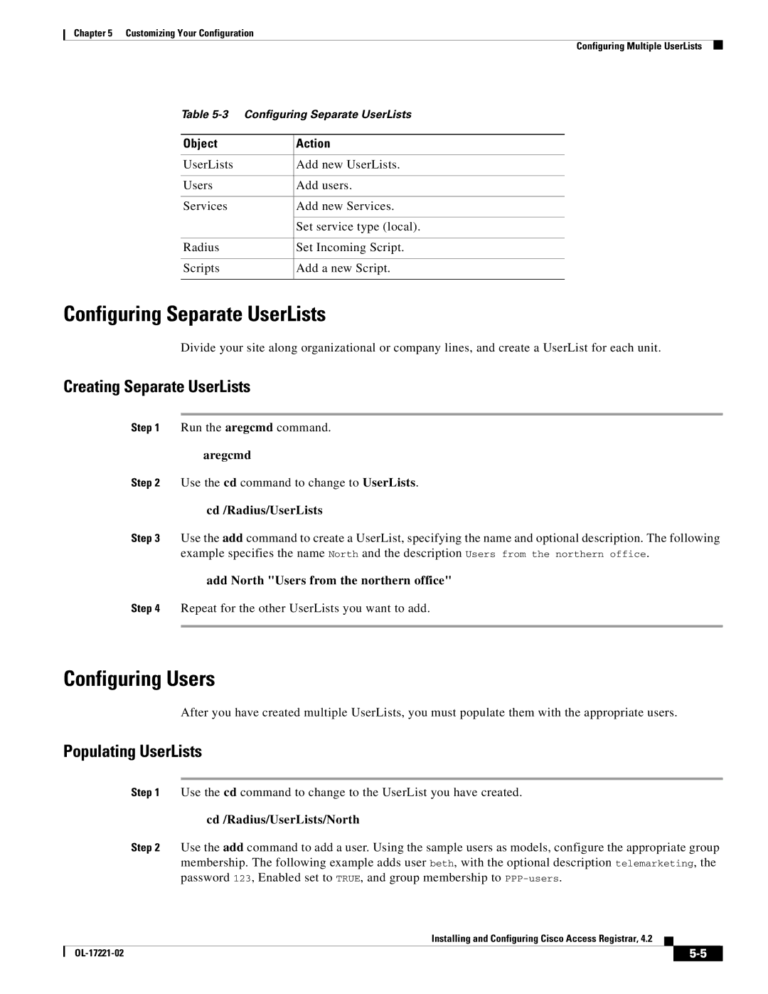 Cisco Systems 4.2 Configuring Separate UserLists, Configuring Users, Creating Separate UserLists, Populating UserLists 