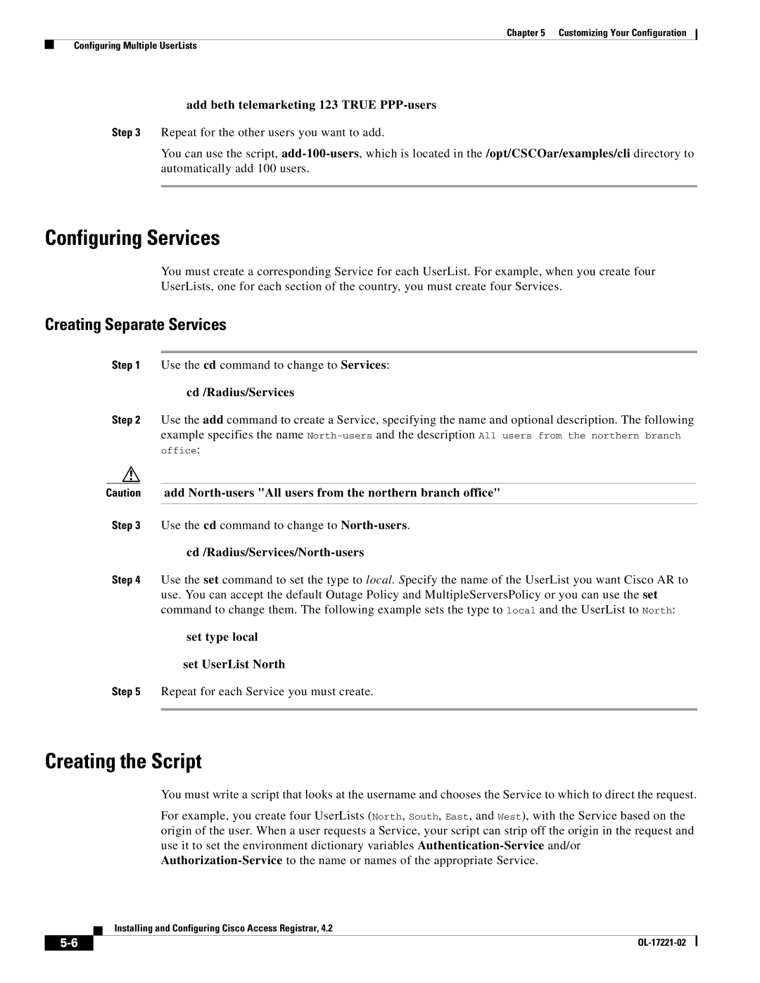 Cisco Systems 4.2 manual Configuring Services, Creating the Script, Creating Separate Services 