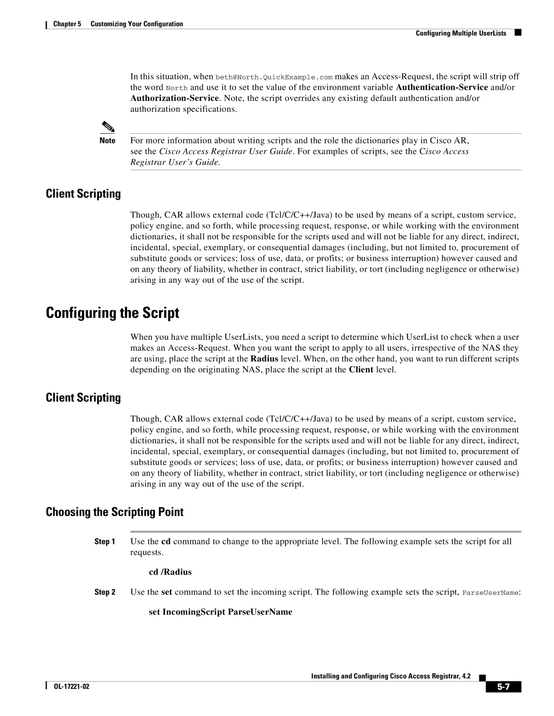 Cisco Systems 4.2 manual Configuring the Script, Client Scripting, Choosing the Scripting Point, Cd /Radius 