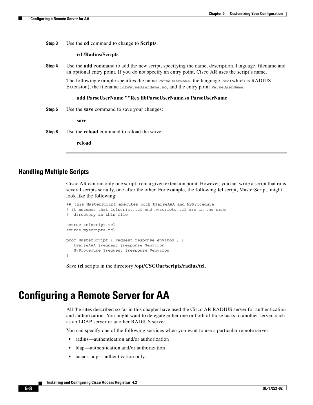 Cisco Systems 4.2 manual Configuring a Remote Server for AA, Handling Multiple Scripts 