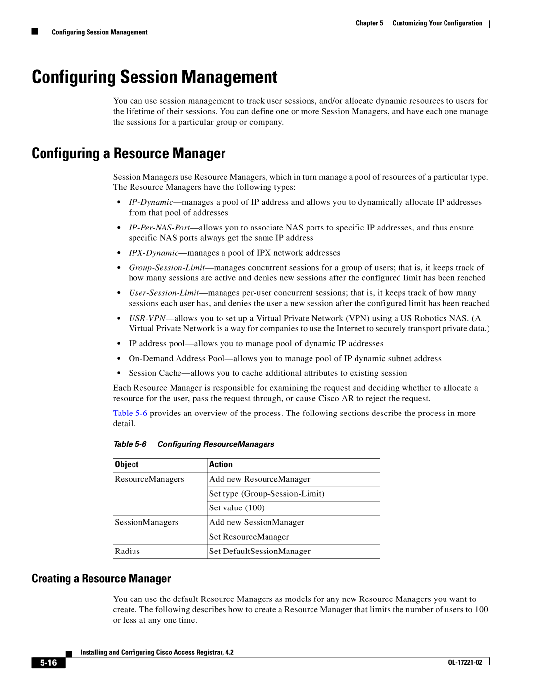 Cisco Systems 4.2 manual Configuring Session Management, Configuring a Resource Manager, Creating a Resource Manager 