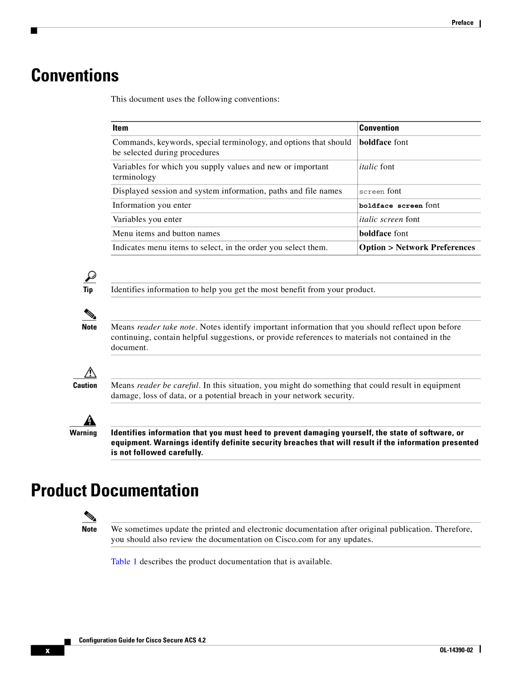 Cisco Systems 4.2 manual Conventions, Product Documentation, Boldface font, Option Network Preferences 