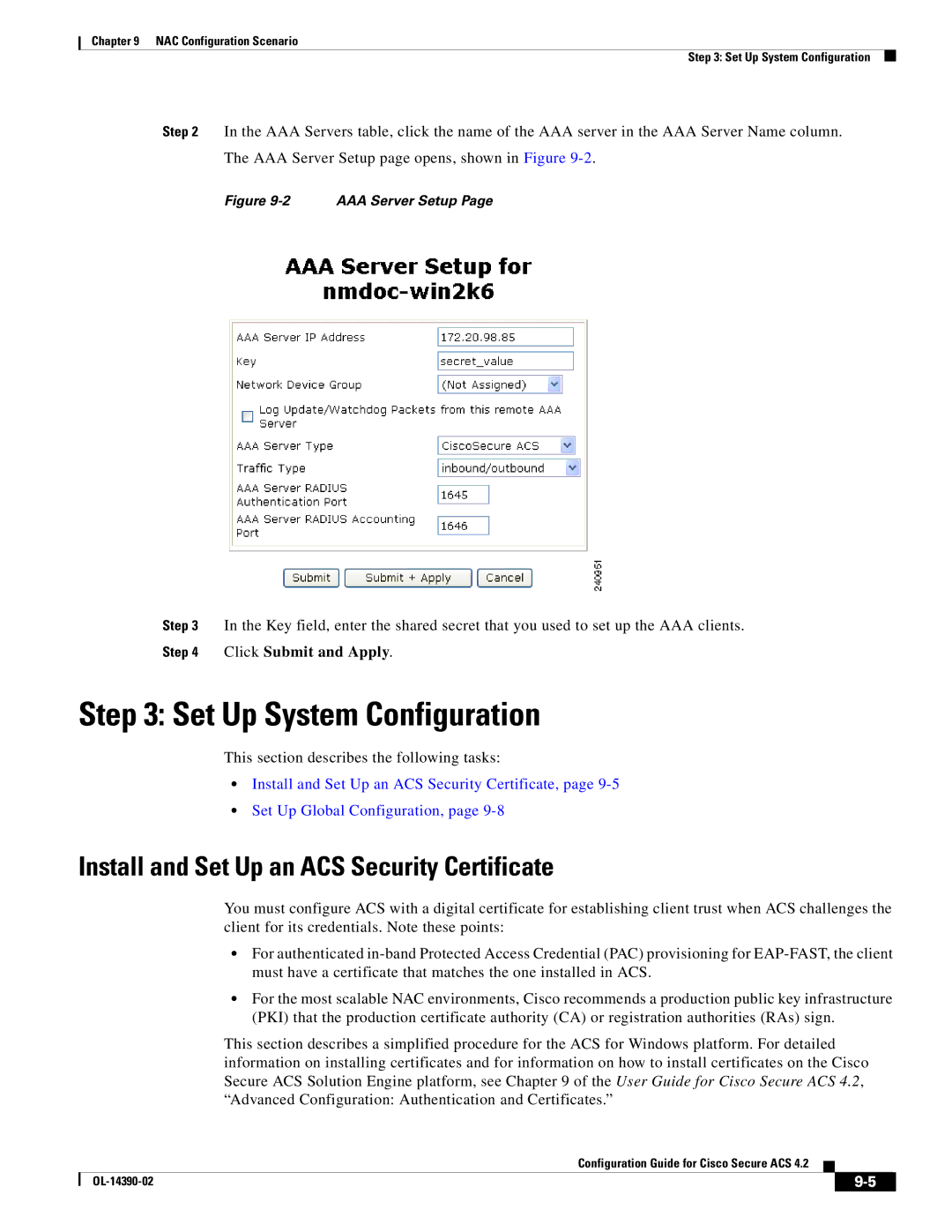 Cisco Systems 4.2 manual Set Up System Configuration, Click Submit and Apply, This section describes the following tasks 
