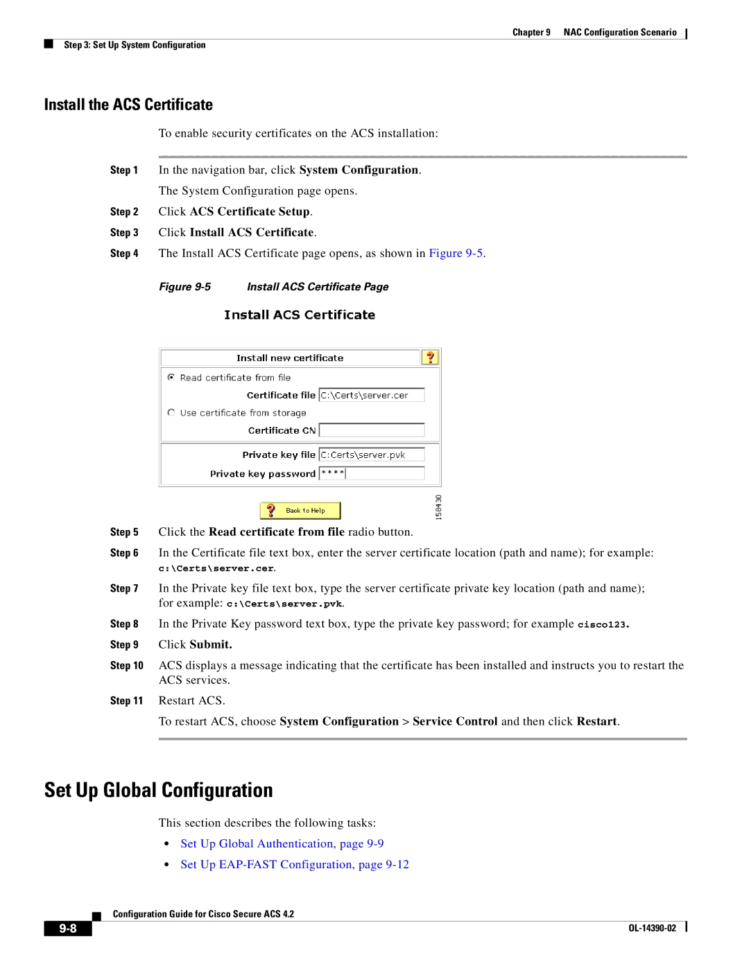 Cisco Systems 4.2 manual Set Up Global Configuration, Install the ACS Certificate 