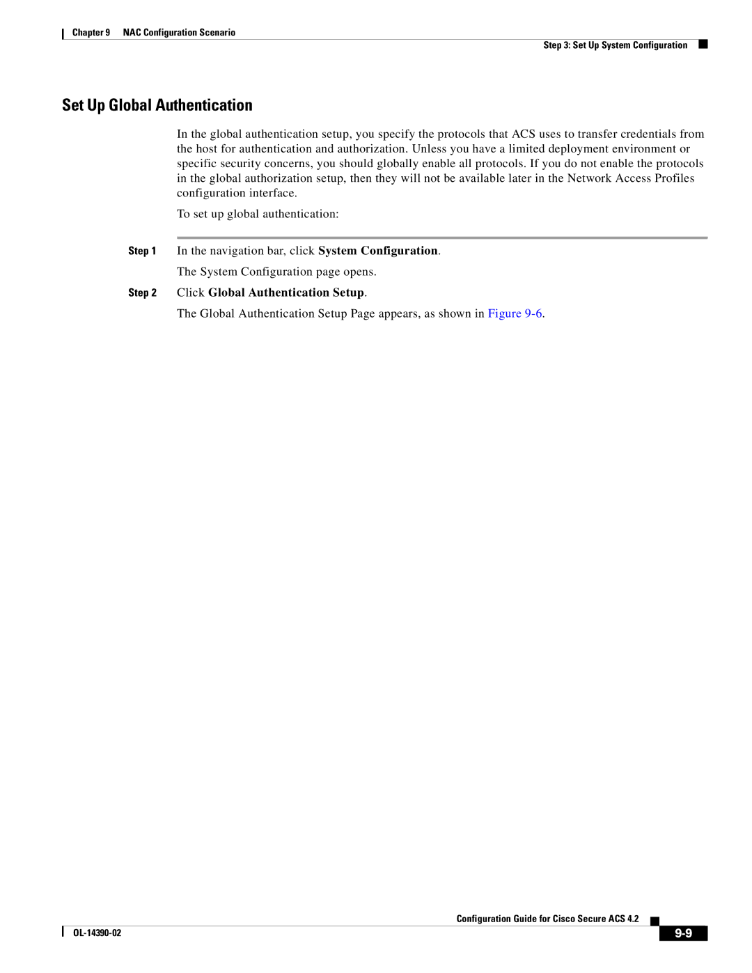 Cisco Systems 4.2 manual Set Up Global Authentication, Global Authentication Setup Page appears, as shown in Figure 