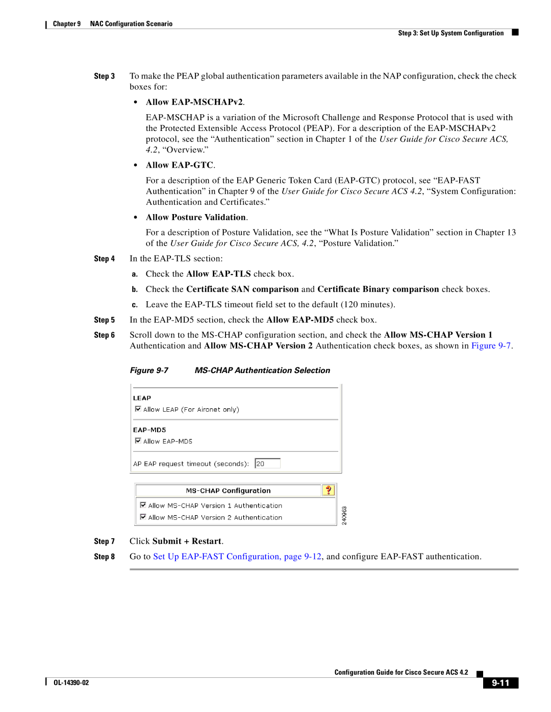 Cisco Systems 4.2 manual Allow EAP-MSCHAPv2, Allow EAP-GTC, Allow Posture Validation, Click Submit + Restart 