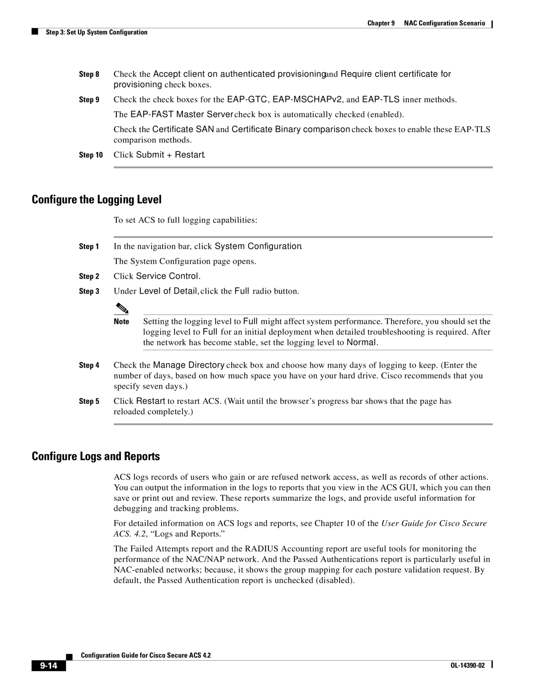 Cisco Systems 4.2 manual Configure the Logging Level, Configure Logs and Reports, Click Service Control 