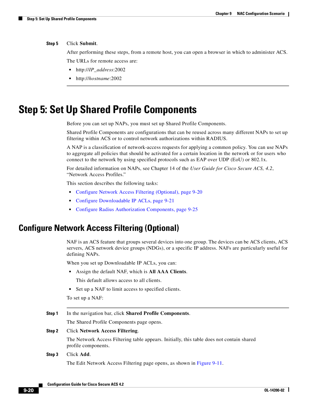 Cisco Systems 4.2 manual Set Up Shared Profile Components, Configure Network Access Filtering Optional 