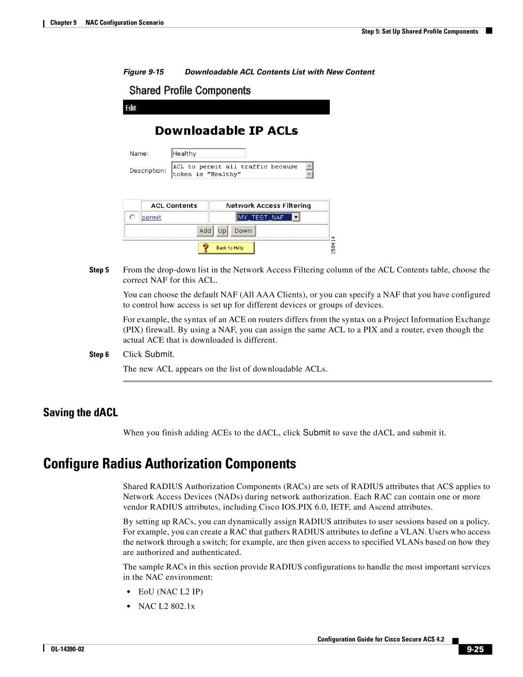 Cisco Systems 4.2 manual Configure Radius Authorization Components, Saving the dACL 