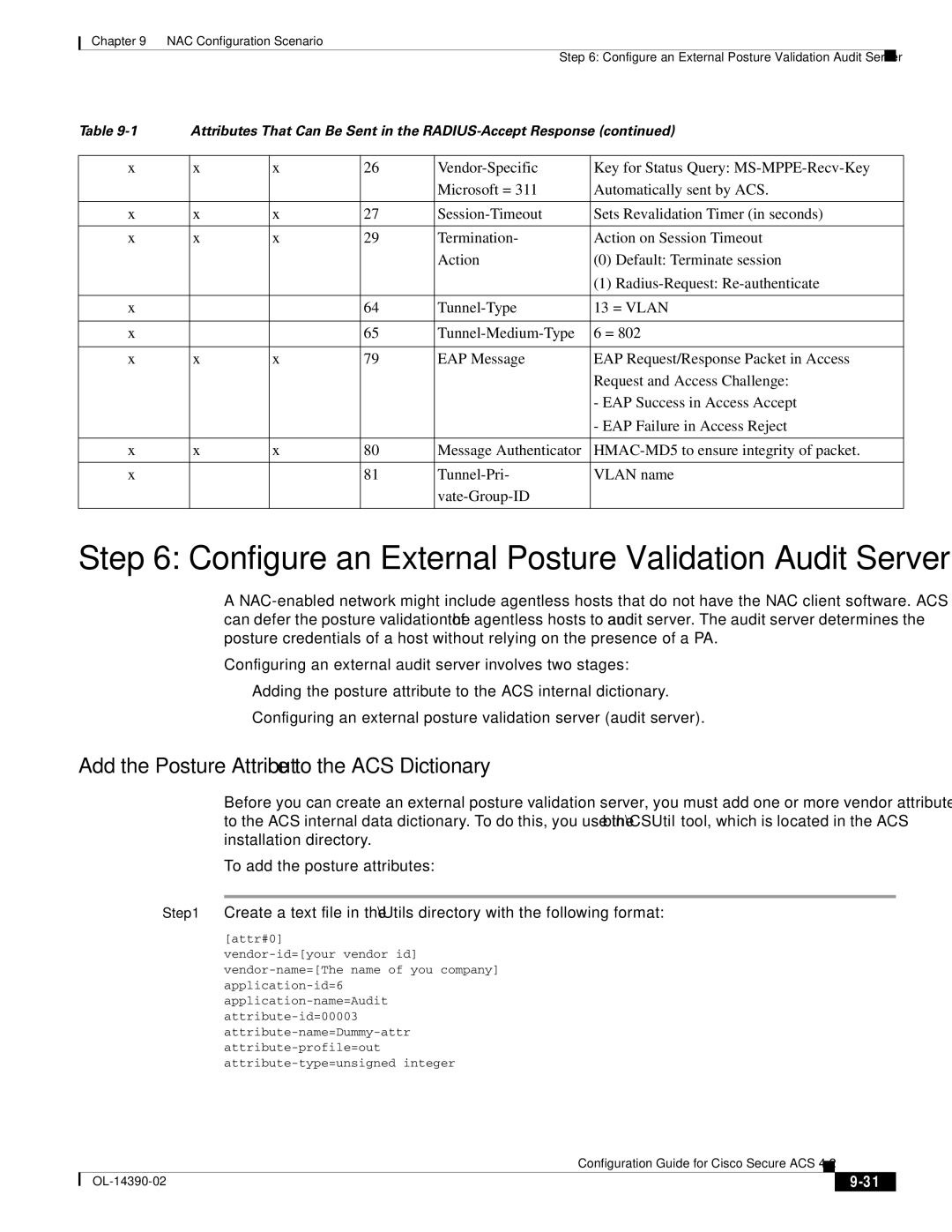 Cisco Systems 4.2 Configure an External Posture Validation Audit Server, Add the Posture Attribute to the ACS Dictionary 