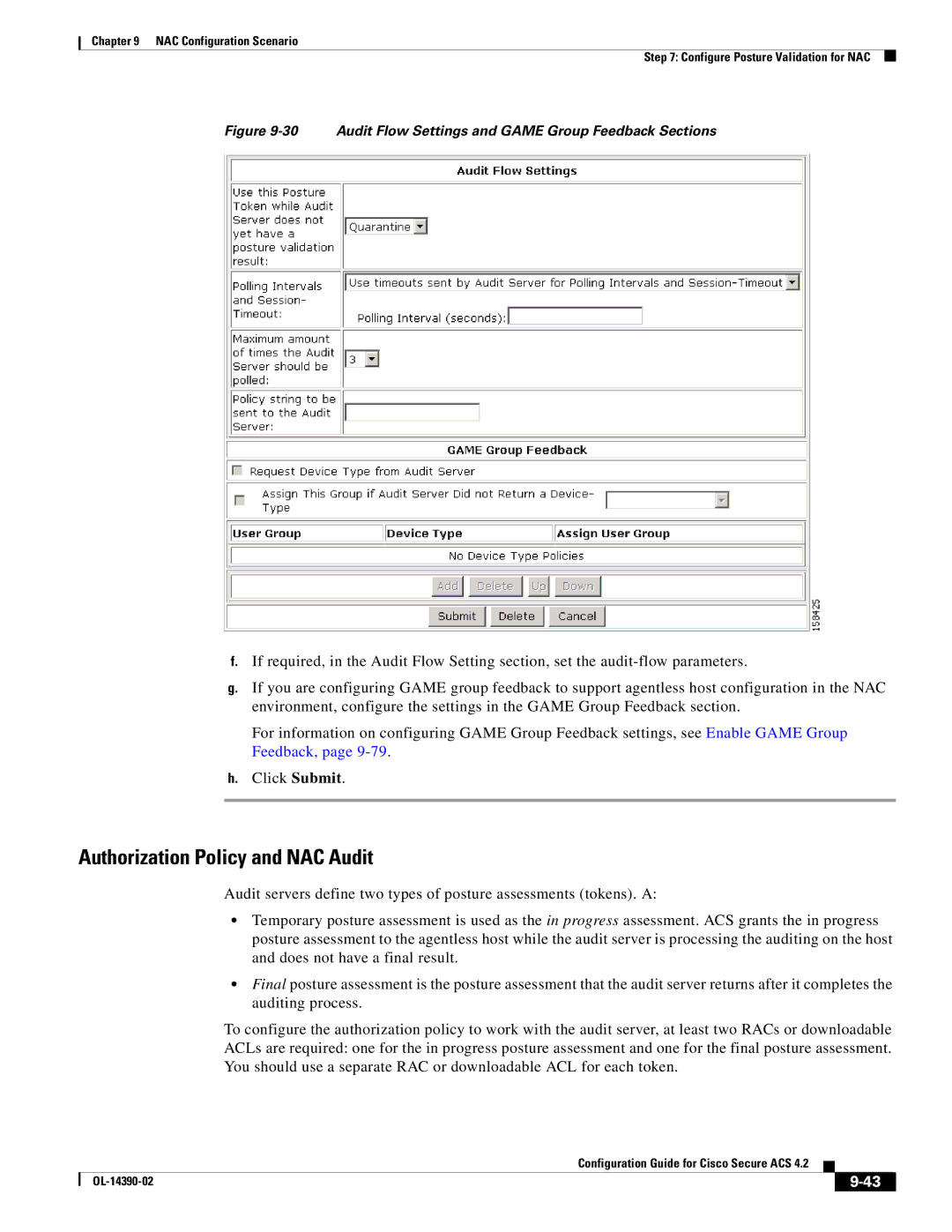 Cisco Systems 4.2 manual Authorization Policy and NAC Audit, Audit Flow Settings and Game Group Feedback Sections 