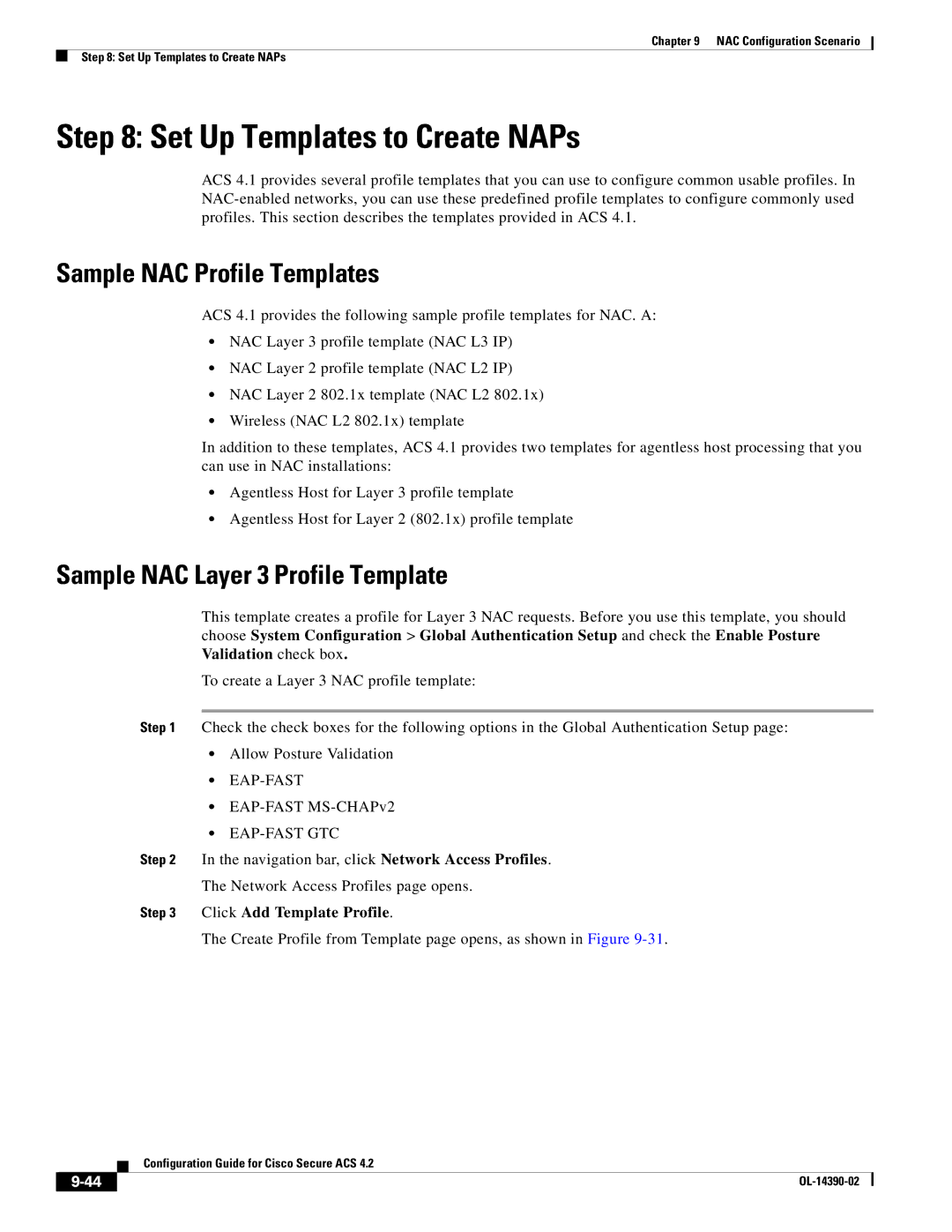 Cisco Systems 4.2 manual Set Up Templates to Create NAPs, Sample NAC Profile Templates, Sample NAC Layer 3 Profile Template 