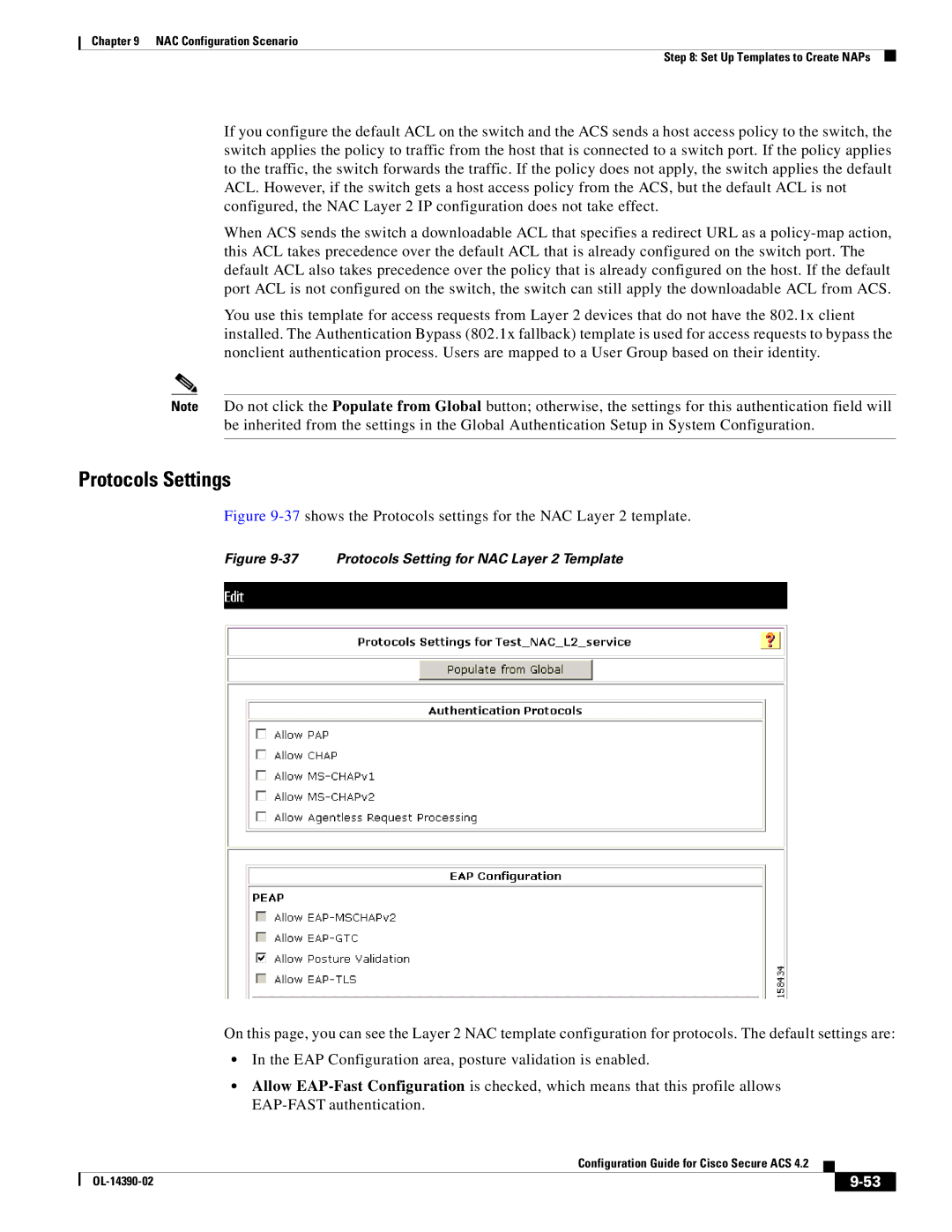 Cisco Systems 4.2 manual Protocols Settings, 37shows the Protocols settings for the NAC Layer 2 template 