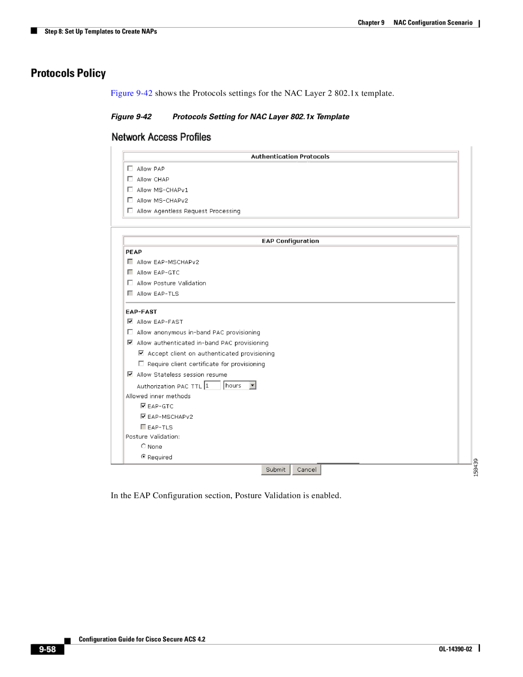 Cisco Systems 4.2 manual Protocols Policy, Protocols Setting for NAC Layer 802.1x Template 