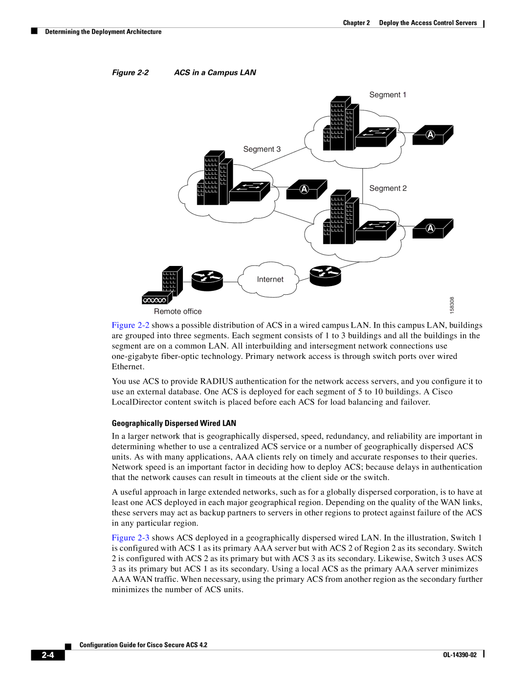 Cisco Systems 4.2 manual Geographically Dispersed Wired LAN, ACS in a Campus LAN 