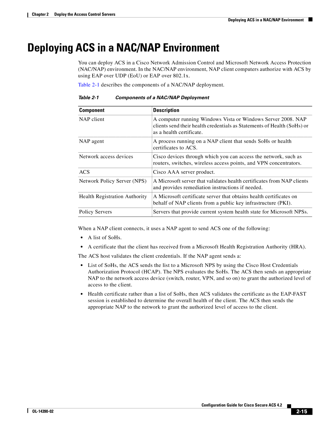 Cisco Systems 4.2 manual Deploying ACS in a NAC/NAP Environment, Component Description, Acs, Cisco AAA server product 