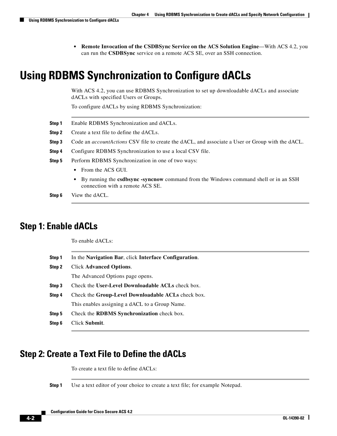 Cisco Systems 4.2 Using Rdbms Synchronization to Configure dACLs, Enable dACLs, Create a Text File to Define the dACLs 