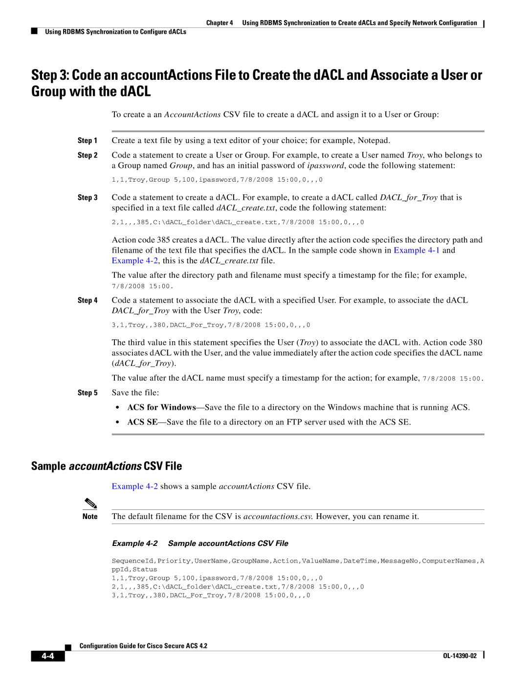 Cisco Systems 4.2 manual Sample accountActions CSV File, Example 4-2shows a sample accountActions CSV file 