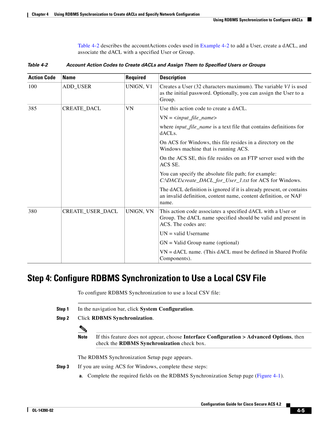 Cisco Systems 4.2 manual Configure Rdbms Synchronization to Use a Local CSV File, Action Code Name Required Description 