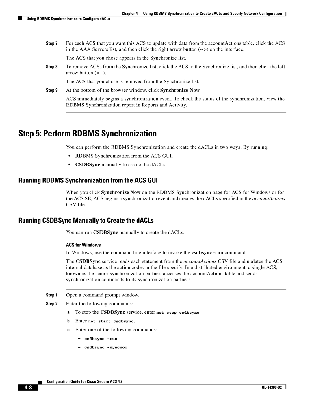 Cisco Systems 4.2 manual Perform Rdbms Synchronization, Running Rdbms Synchronization from the ACS GUI, ACS for Windows 