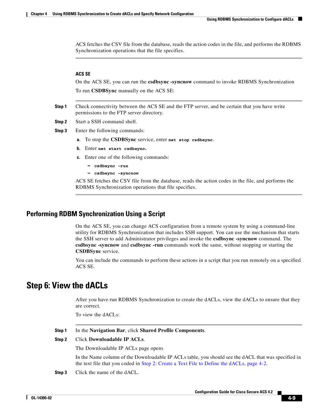 Cisco Systems 4.2 manual View the dACLs, Performing Rdbm Synchronization Using a Script 