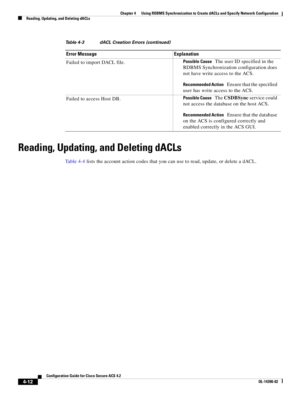 Cisco Systems 4.2 manual Reading, Updating, and Deleting dACLs, User has write access to the ACS 