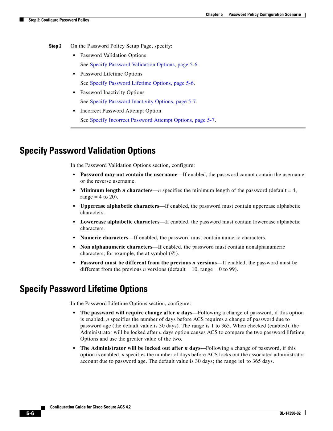 Cisco Systems 4.2 Specify Password Validation Options, Specify Password Lifetime Options, Password Inactivity Options 