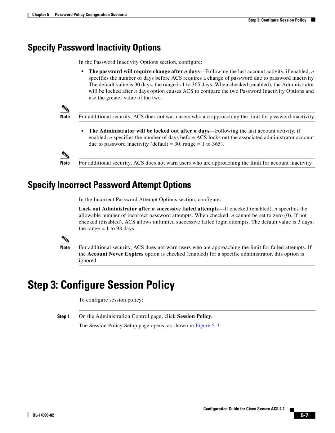 Cisco Systems 4.2 manual Configure Session Policy, Specify Password Inactivity Options 