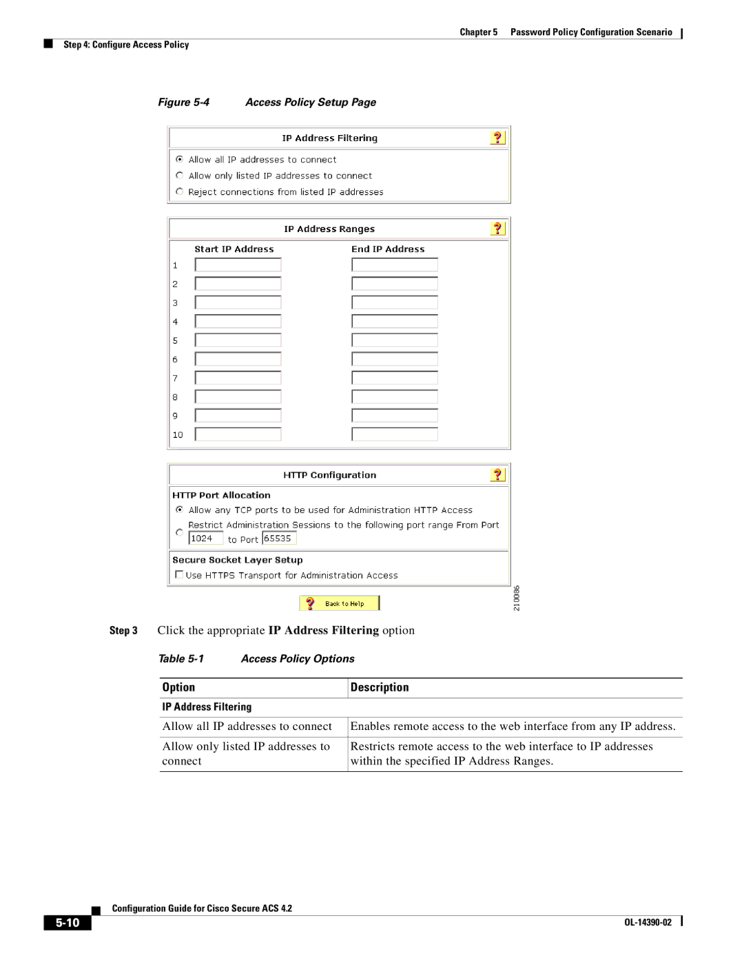 Cisco Systems 4.2 manual Click the appropriate IP Address Filtering option, Access Policy Setup 