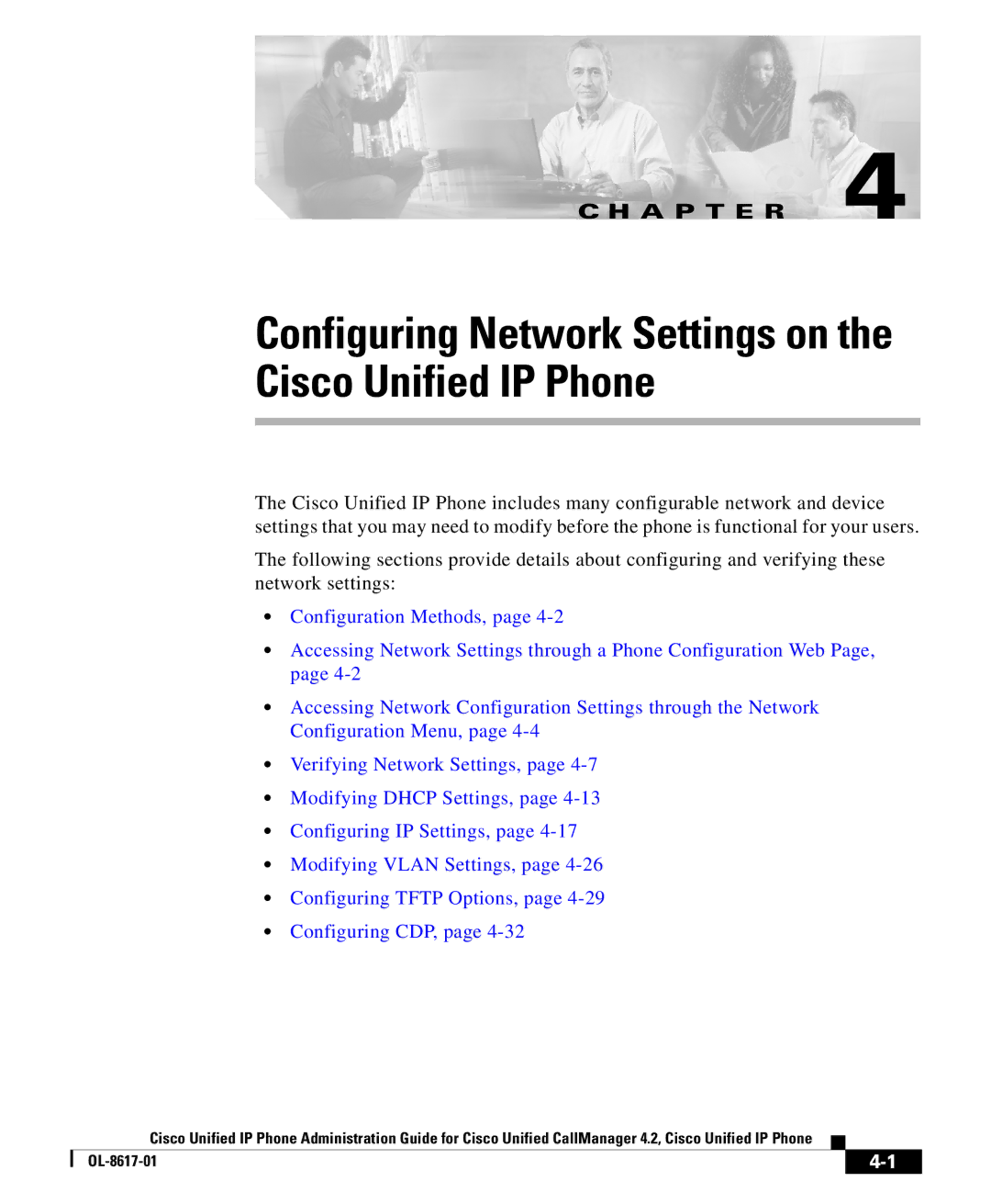 Cisco Systems 4.2 manual Cisco Unified IP Phone, Configuring Network Settings on 